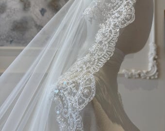 Floral Lace Hijab Veil – One Layer Soft Tulle with Embroidery | Handmade Modest Bridal Veil for Muslim Brides