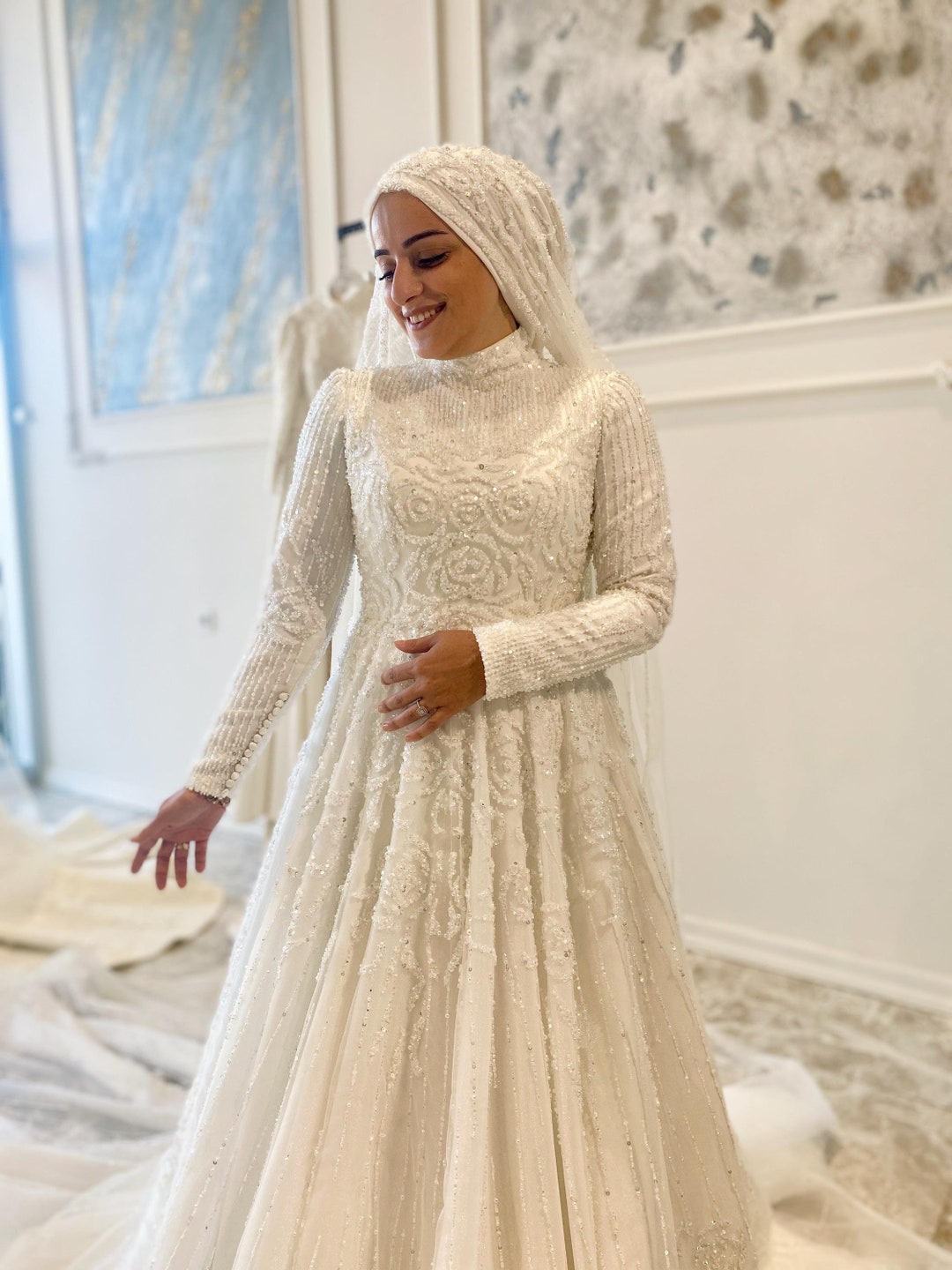 Modest Hijab Hellenistic Glitter Tulle Detailed A-Line Wedding Dress – Custom Covered Bridal Gown main image 1