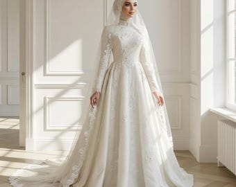 Lace Modest Wedding Dress – Long Sleeve A-Line Bridal Gown with Train | Elegant Muslim Bridal