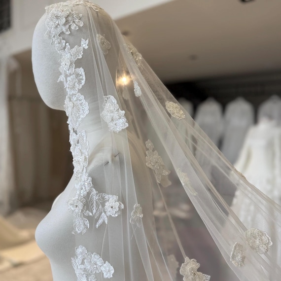 Bride Headscarf Lace Bridal Veil, French Lace Trim, Single Layer