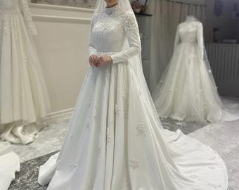 Pearl & Lace Hijab Bridal Gown – Handmade Modest Muslim Wedding Dress with Train