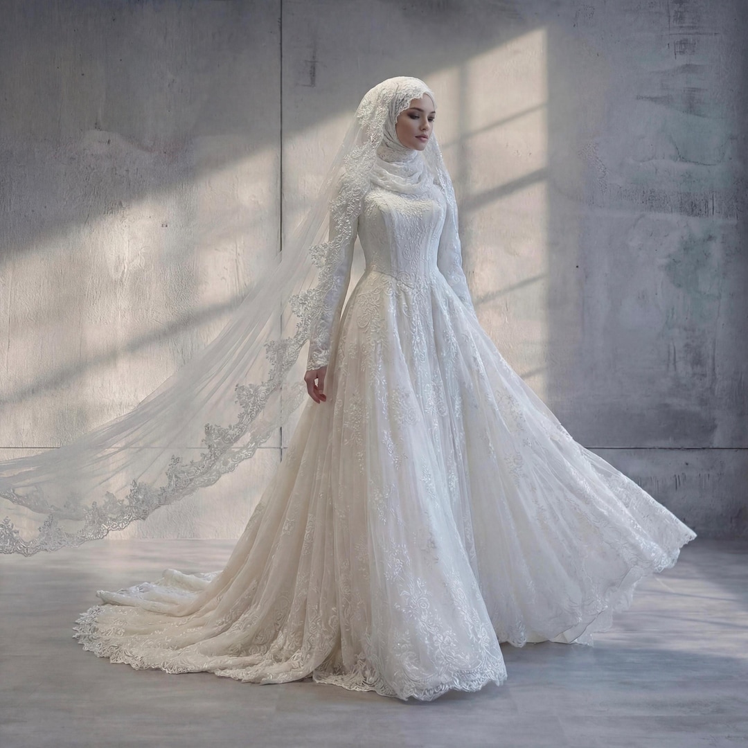 Modest Hijab Wedding Dress - Full Lace Muslim Bridal Gown with Train Modest Hijab Wedding Dress - Full Lace Muslim Bridal Gown with Train