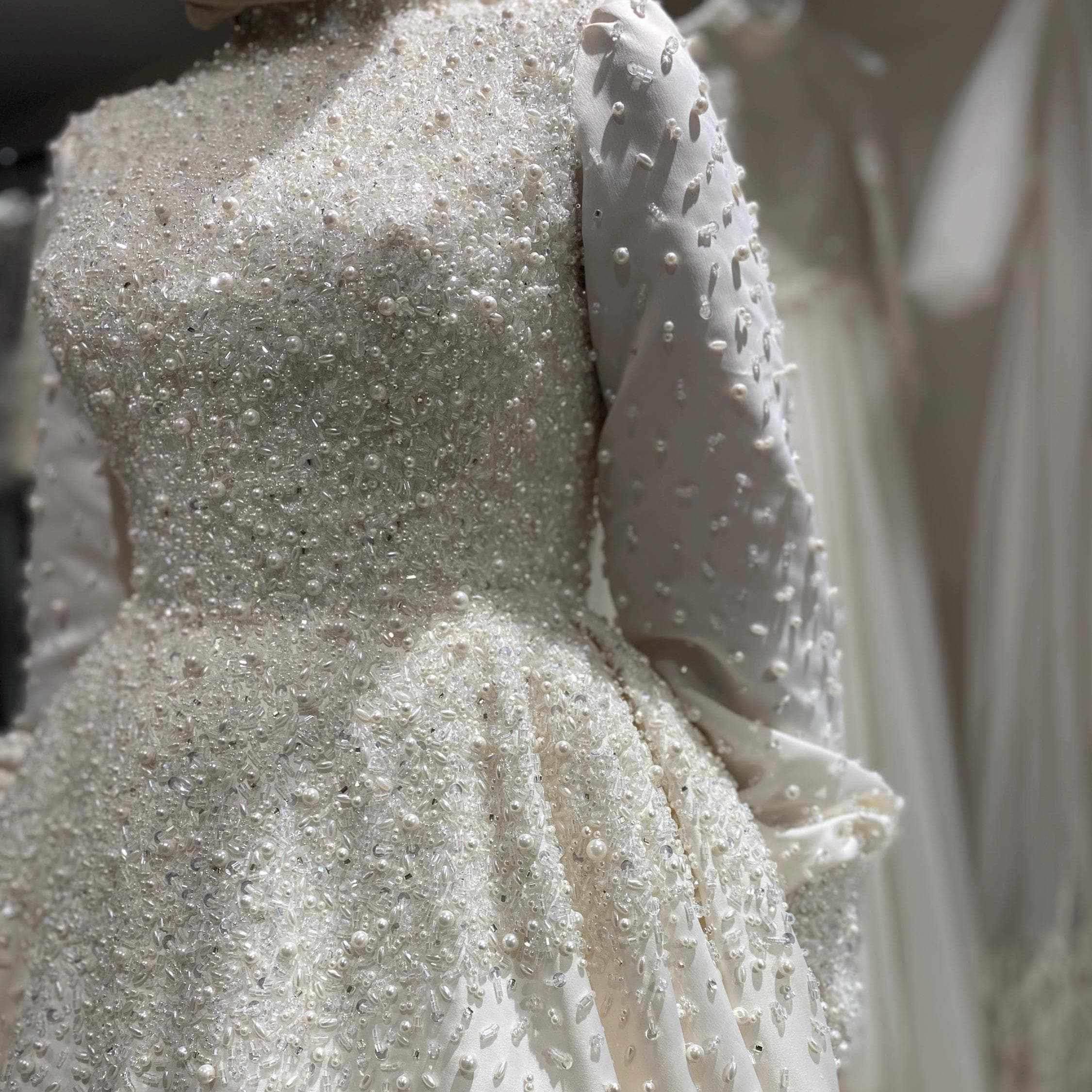 Modest Hijab Wedding Dress - Pearl Lace Long Sleeve A-Line Bridal Gown with Train
