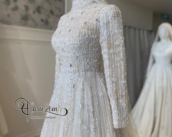 Modest Muslim Wedding Dress – Beaded A-Line Bridal Gown, Long Sleeve Elegant Hijab bridal