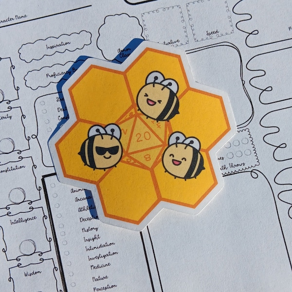 Honeycomb D20 Sticker, D20 Sticker, Dnd Sticker, Cute Dnd Sticker, Bee Sticker, Cute Bee Sticker, Glossy Sticker