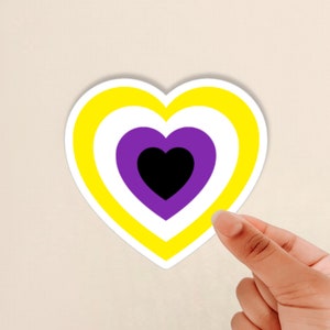 May include: A yellow, purple, and black heart sticker with three concentric circles. The inner circle is black, the middle circle is purple, and the outer circle is yellow.