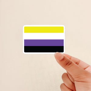 May include: A rectangular sticker featuring the non-binary pride flag. The flag has horizontal stripes of yellow, white, purple, and black. The sticker has a white border and is held by a hand.