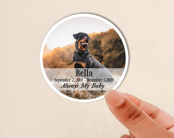 May include: A circular sticker featuring a photograph of a black and tan Rottweiler dog. The text reads Bella, September 2, 2014 - December 5, 2024, and Always My Baby. The background of the photo shows a blurred outdoor landscape with golden light.
