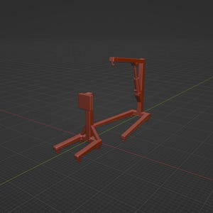 May include: A 3D-rendered orange-colored automotive lift, designed to elevate vehicles for maintenance. The lift features a rectangular base, a vertical support, and an overhead arm. The structure is set against a dark, grid-patterned background.
