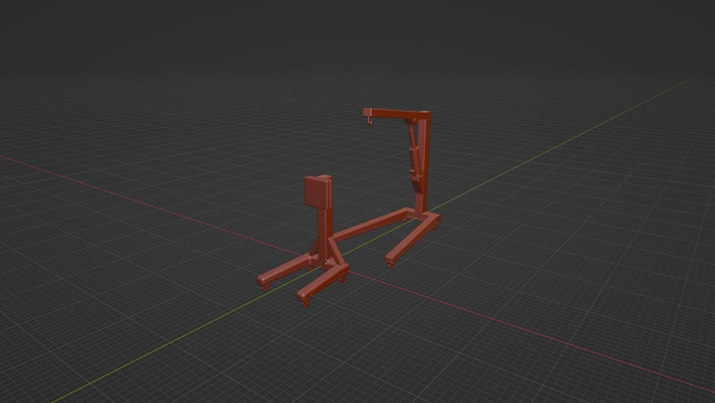 May include: A 3D-rendered orange-colored automotive lift, designed to elevate vehicles for maintenance. The lift features a rectangular base, a vertical support, and an overhead arm. The structure is set against a dark, grid-patterned background.