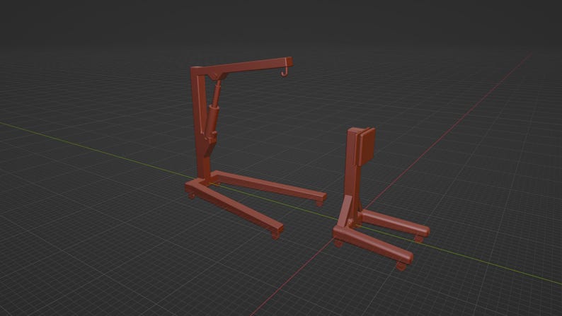 May include: Two orange-red metal shop cranes. The larger crane has a hook and a hydraulic lift. The smaller crane has a vertical support and a base with two forks. Both are on a dark gray grid.