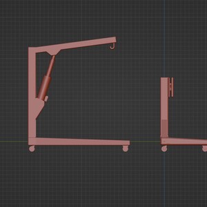 May include: Two red-brown shop cranes are depicted against a dark grid background. The larger crane has a hook and hydraulic cylinder. The smaller crane is a simplified version. Both have wheels for mobility. The image is a 3D rendering.