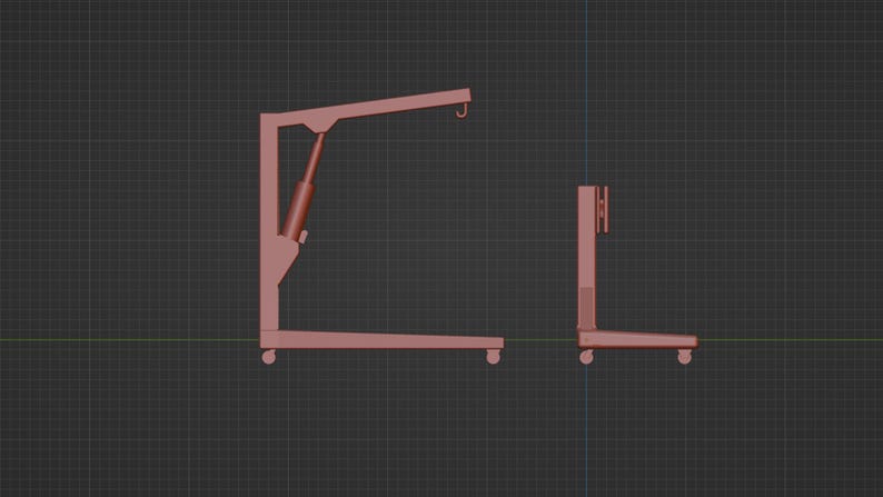 May include: Two red-brown shop cranes are depicted against a dark grid background. The larger crane has a hook and hydraulic cylinder. The smaller crane is a simplified version. Both have wheels for mobility. The image is a 3D rendering.