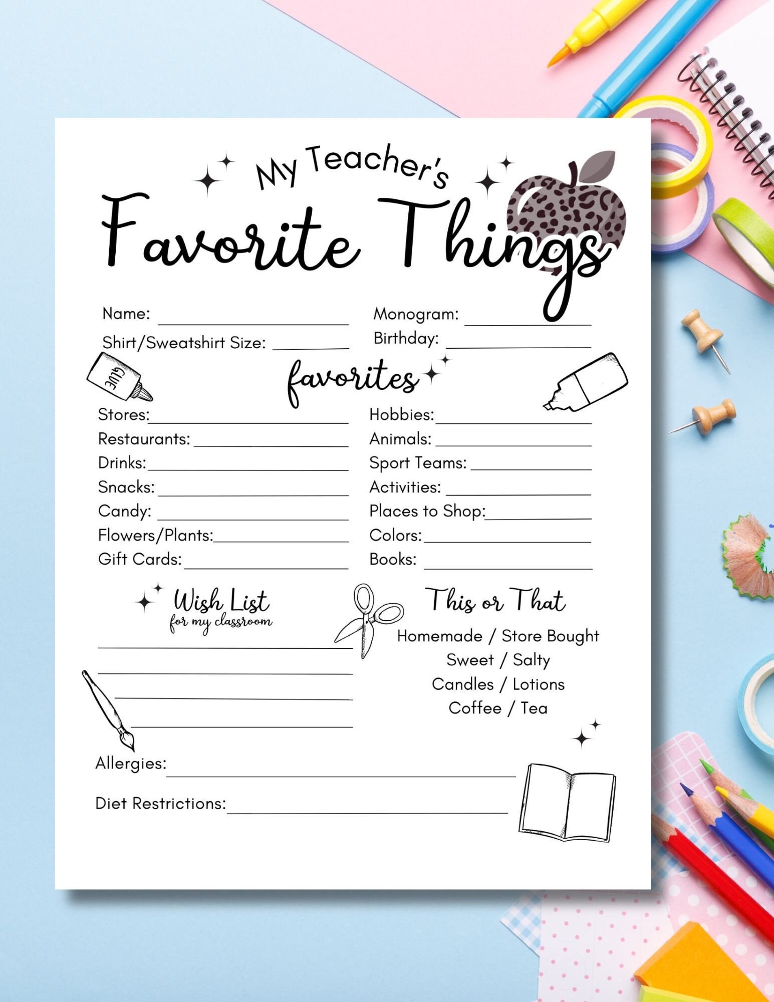My Teacher's Favorite Things Questionnaire Printable Digital Download ...