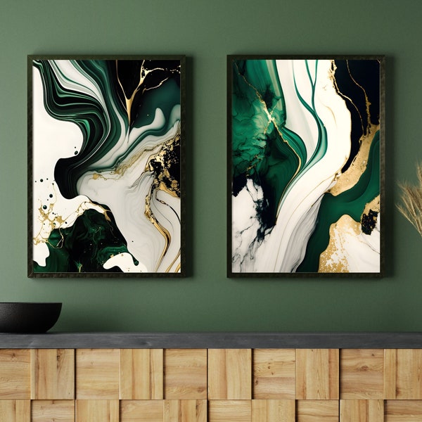 Abstract Emerald Green Gold Marble Art Print, Luxury Wall Decor (Digital Download)