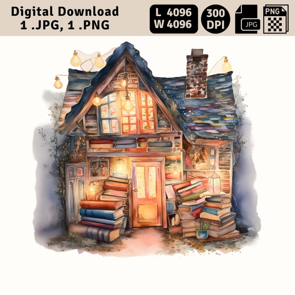 Little Fantasy House, 1 Digital PNG & JPG File, BookWorm Nerd Themed Clipart, Digital Instant Download, Commercial Use, Illuminated Books