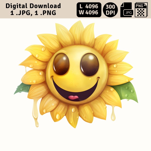 Creepy Eyed Sunflower Drawing, 1 Digital PNG & JPG, Funny Desing Clip Art, Instant Download, Commercial License, Flower With Scary Face