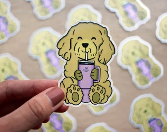 Doodle Dog Drinking Stanley Cup Pup Tumbler Cute Vinyl Sticker Decal