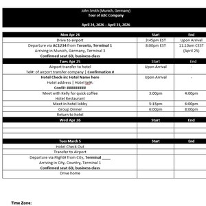 May include: A detailed itinerary for John Smith's tour of ABC Company, from April 24 to April 31, 2026. The schedule includes flight details, hotel information, and meeting times. The document is in black and white.