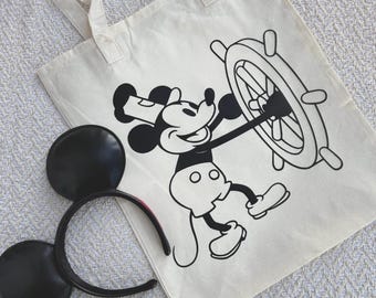 Steamboat Willie Mickey Vinyl Print Canvas Tote Bag | Disneyland Park Bag