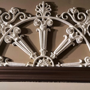 Antique Ornate Cast Iron Floral Scroll Decorative Wall Plaque 23&quot; Half Moon Half Circle Over the door or window decor/ Flowers Tulips/ Roses