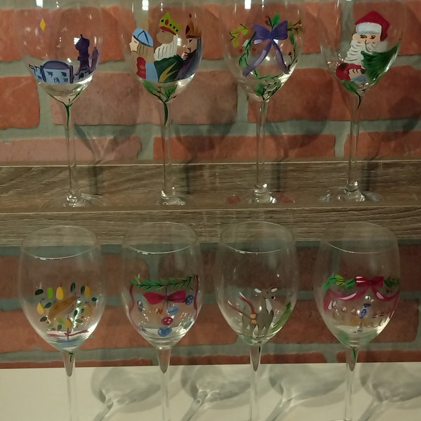 Song of the Seasons by Block Wine glasses hand painted (Choice) Vintage Christmas Goblets Holiday Decor Large Drinking Glass~ pick & choose