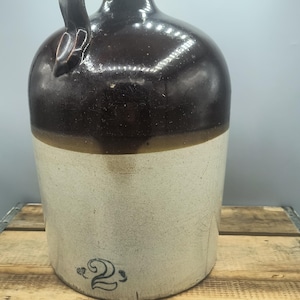 Vintage Antique Stoneware Pottery Two tone 2 Gallon Jug Crock Whiskey/Molasses/Moonshine Man Cave Decor Rustic/ Primitive home decor