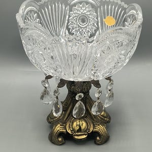 American Brilliant Period Crystal Bowl Ornate Brass Footed Pedestal Compote Hobstar/ Fan Pattern With Hanging Crystal Prisms Made In Germany