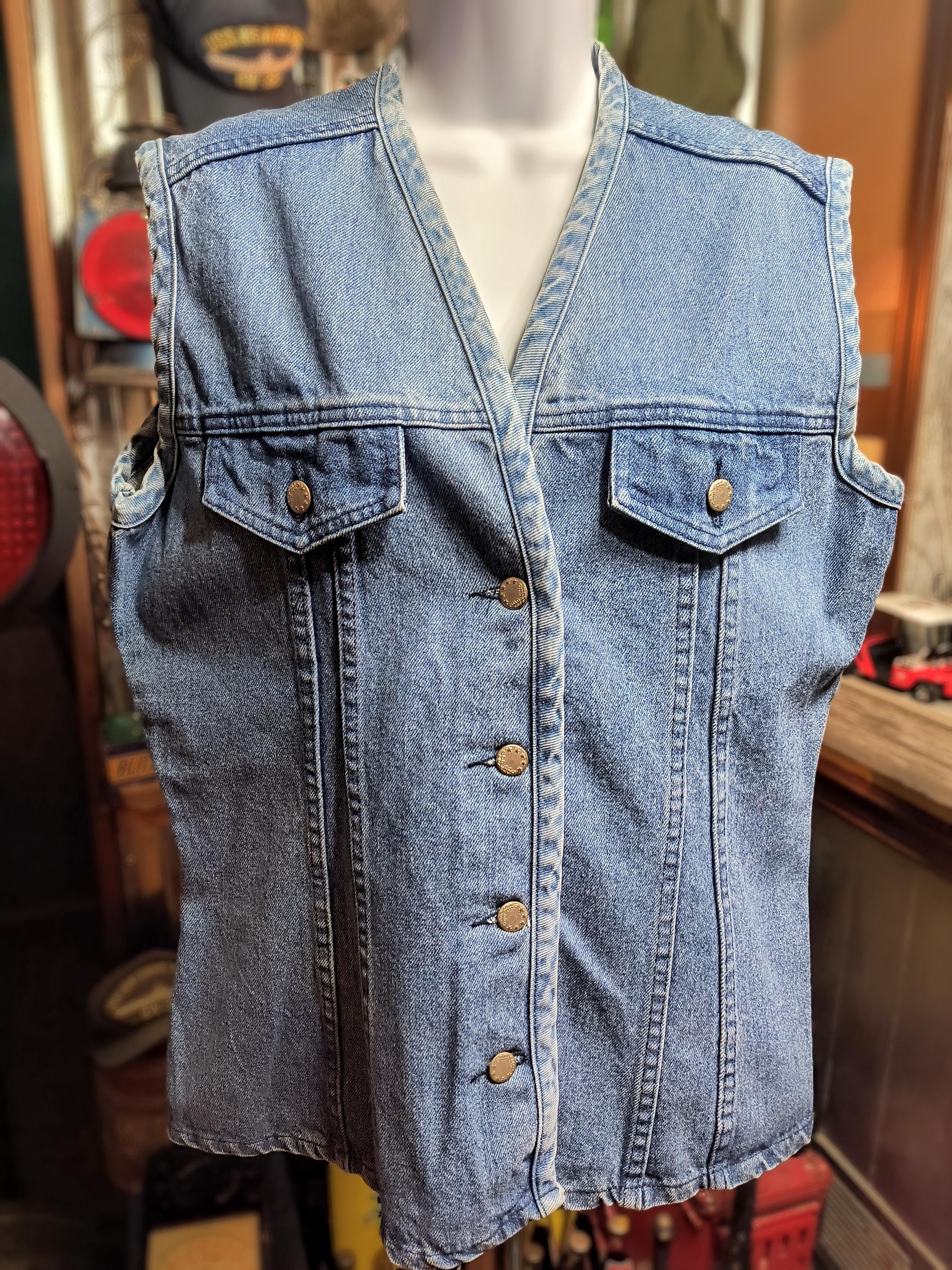 Vintage 90s Made In USA Blue Jean Vest Sleeveless jacket Denim Button Down Women's size XL, By Antonia Collection / New Old Stock Condition