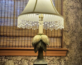 Vintage Dancing Monkeys Palm tree Table Lamp Broadway Monkeys Solid Heavy Resin With Original Hanging Glass Beaded lamp Shade included