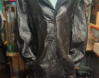 Women's Vintage Black Leather & Soul Jacket Short Trench Coat Italian Mosaic Patchwork Plus Size 2X - Excellent Condition
