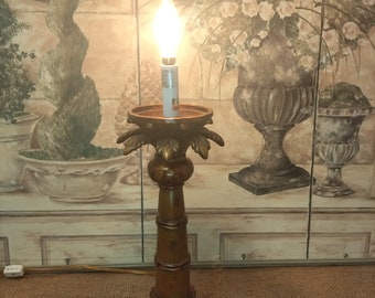 Vintage Palm Tree Upright Lamp 18&quot; Detailed Solid Resin Gold & Natural Tones with Bamboo Structure Footed Base Tropical/Decor/Table lamp