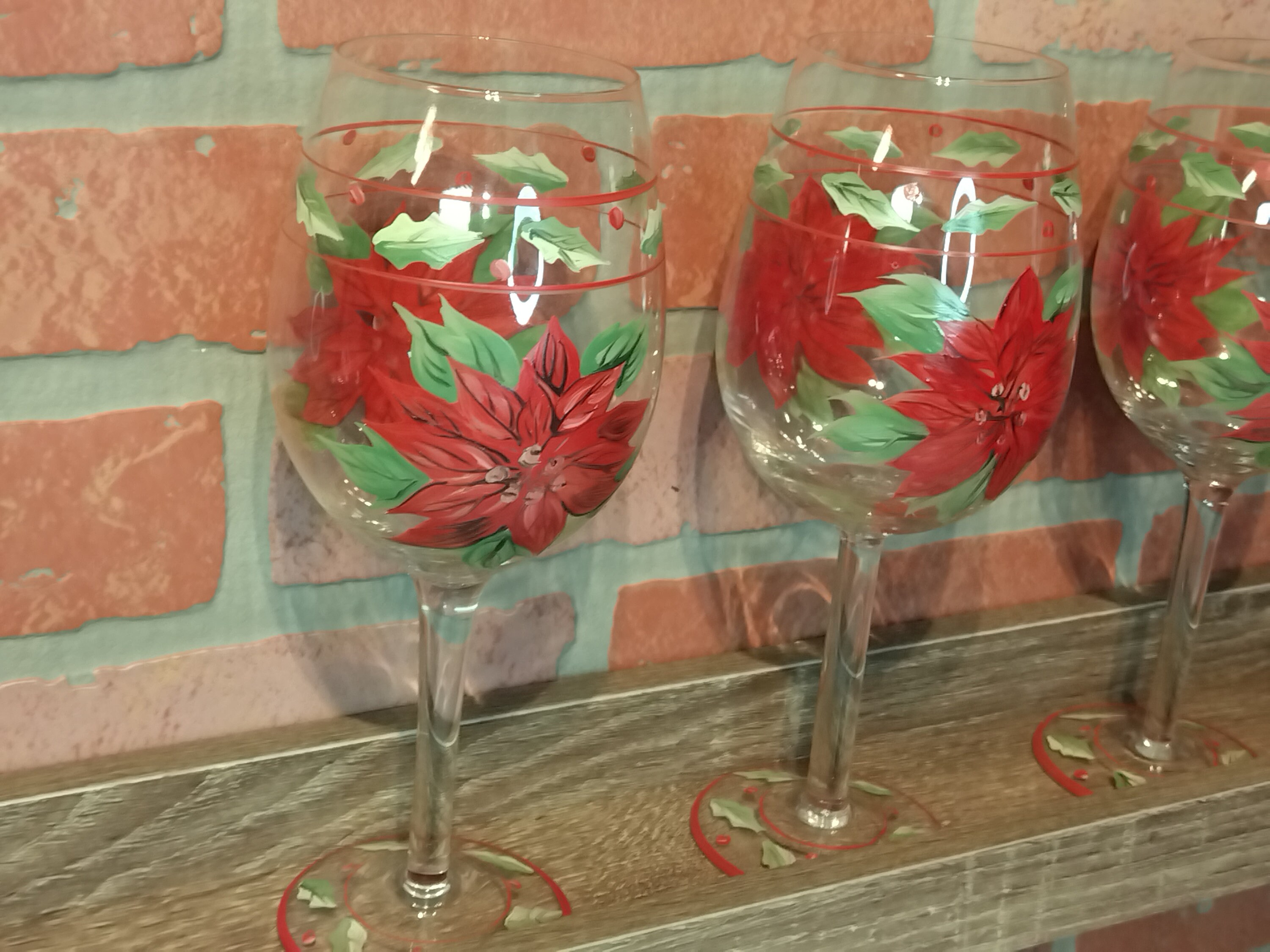 Red Poinsettia Wine Glasses Handpainted 16 Oz set of 3 Three 9 Vintage