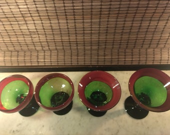 Set of 4 Stagger Mexican Hand Blown Cocktail Glasses His and Hers / Thick Heavyweight Art Glass colorful Apple Martini Red and Green Barware