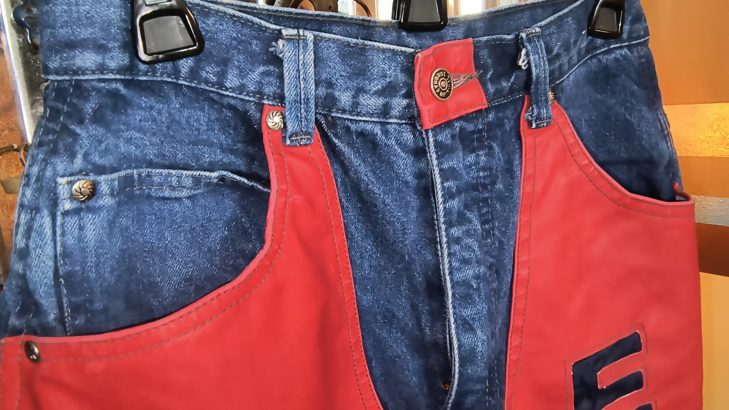 Red Jeans Womanと Blue Jeans Women's Exhaust Two Tone Blue Jeans Red Leather Size 30W