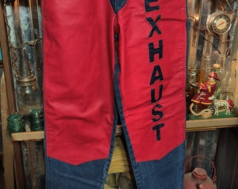 Women's Exhaust Two Tone Blue Jeans Red Leather Size 30W