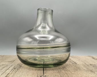 Italian Hand Blown Vintage Clear Green Art Glass Carafe Decanter Vase Italy With A Unique Difficult Rimmed Center - Vintage Home Decor