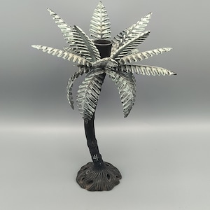 Vintage Tropical Cast Iron and Metal Palm tree Candlestick Holder 11.75&quot; Heavy Thick sturdy with aged patina