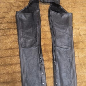 May include: Black leather chaps with a zipper down the side and a buckle at the waist.