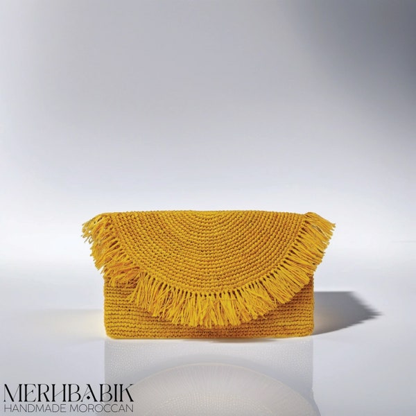 handmade Raffia Clutch, Raffia Pouch Bag, Crochet Raffia Handbag, Summer Wrist Bag, Minimal Straw Bag, raphia bucket bag, Straw Clutch