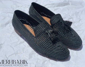 Zapatos de hombre de rafia negra, mocasines Oxford, mocasines de rafia para boda, mocasines de rafia para hombre, mocasines mocasines, zapatos marroquíes, regalo