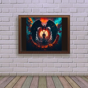 Può includere: Una stampa d'arte digitale incorniciata che presenta una persona in piedi di fronte a un grande paio di ali nere. Le ali sono su uno sfondo di colori vorticosi, tra cui rosso, arancione, giallo, blu e verde.