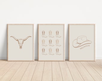 Salty Spurs | Set of 3 Western Prints | Western Wall Decor | Digital Download | Cowboy Hat Print | Cowgirl Boots Print | Cowboy Art