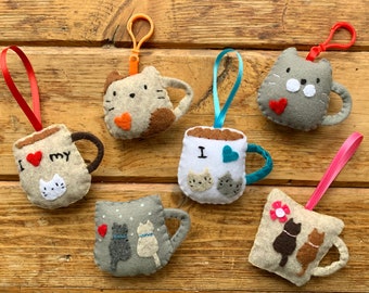 Cat Mug, Felt Cat Ornament, Kitty Magnet, Hanging Decoration, Plush, Personalized Cat, Handmade, Coffee Tea Lover, Tea Party Cat Mom Gift