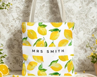 Lemon Watercolor Tote Bag, Personalized Reusable Shopping Bag