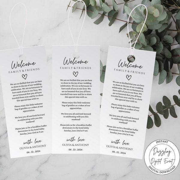 Minimalist Wedding Welcome Tag Template, Welcome Bag, Thank You Tag, Wedding Hotel Gift Bag, Editable Template, Canva, Digital Download