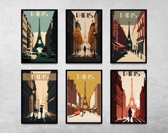 6 affiches de voyage rétro vintage originales, mettant en vedette la tour Eiffel emblématique à Paris, France (TÉLÉCHARGEMENT NUMÉRIQUE)