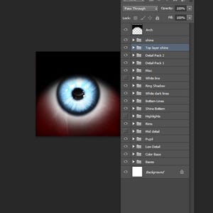 以下が含まれることがあります： 黒い瞳を持つ青い目のクローズアップ。目は赤い背景に囲まれ、白い輝き効果があります。画像は目のデジタルイラストです。