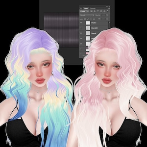 May include: Two digital illustrations of women with long, wavy hair. One woman has pastel blue and purple hair, the other has pink hair. Both women are wearing black tank tops.