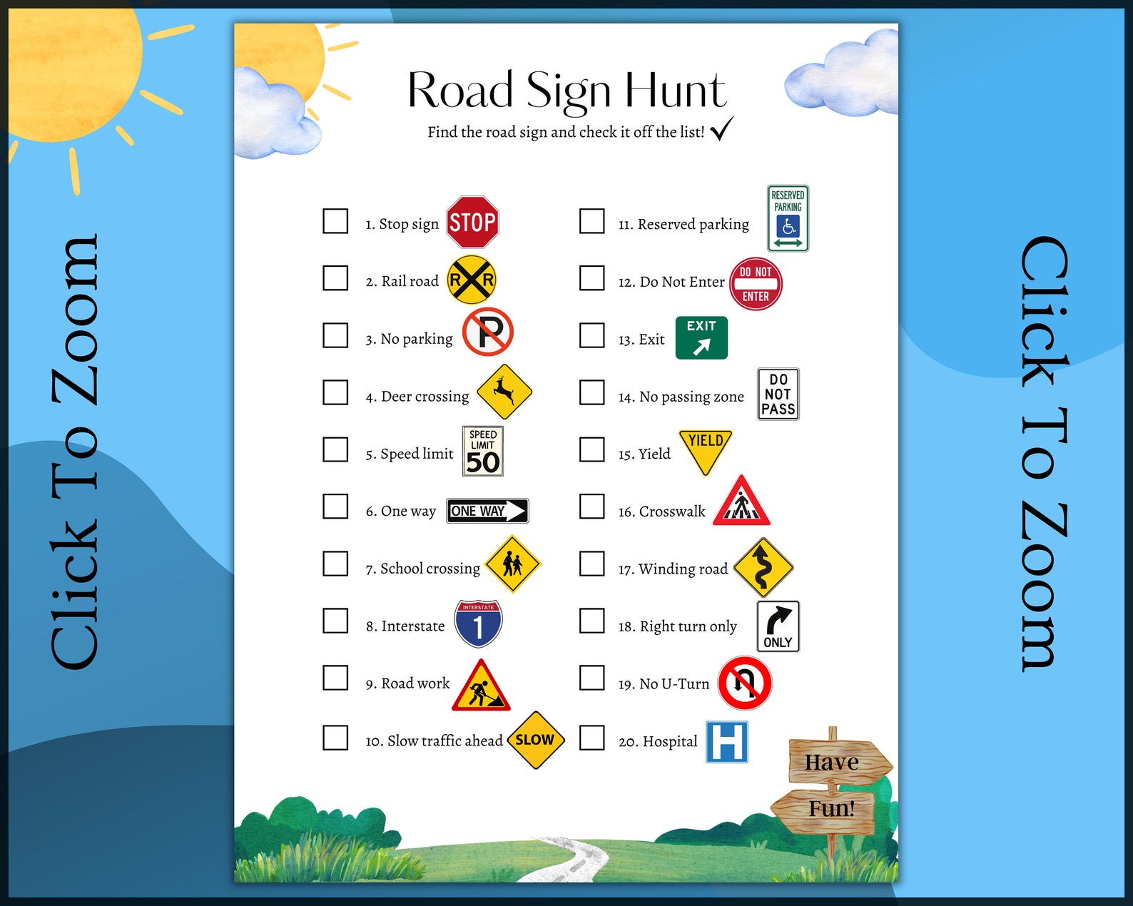 Printable Road Sign Hunt ~ Road Trip Games - Car Games Activity - Easy Car Journey, Fun Summer ...